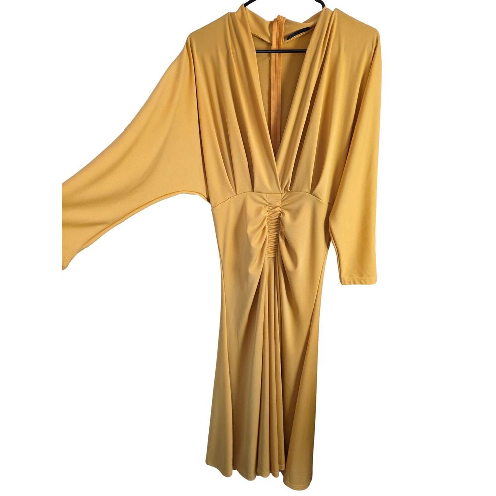 NWOT SHEIN Mustard Yellow Ruched V Neck Dolman Sleeve Midi Dress M
